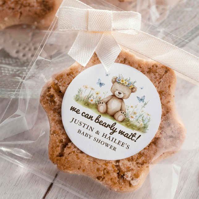 We Can Bearly Wait Girly Wildflower Baby Shower Classic Round Sticker (Creator Uploaded)