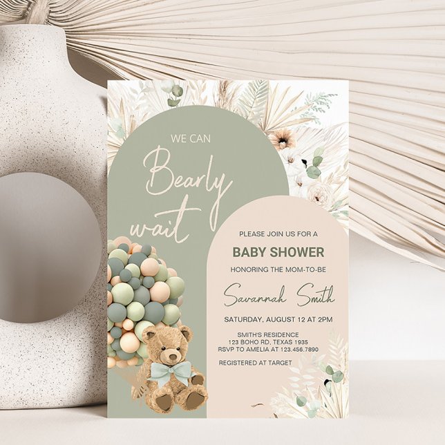 We Can Bearly Wait Green Baby Shower Invitation (Green Boho Teddy Bear Baby Shower Invitation)