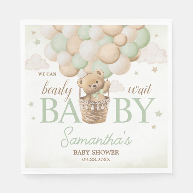 We Can Bearly Wait Green Bear Baby Shower Napkin (Front)