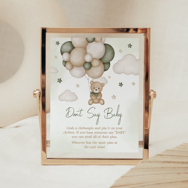 We Can Bearly Wait Green Boho Don't Say Baby Poster (Green Boho Teddy Bear Baby Shower Don't Say Baby Sign)