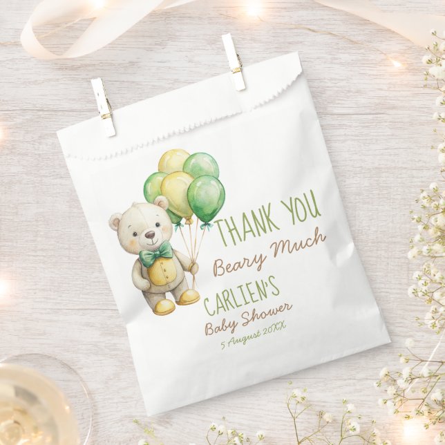 We can bearly wait green teddy bear baby shower favour bag (Clipped)