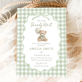 We Can Bearly Wait Green Teddy Bear Baby Shower Invitation