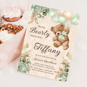 We Can Bearly Wait Green Teddy Bear Baby Shower Invitation