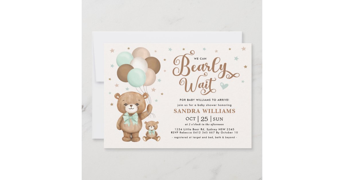 We Can Bearly Wait Green Teddy Bear Baby Shower Invitation Zazzle