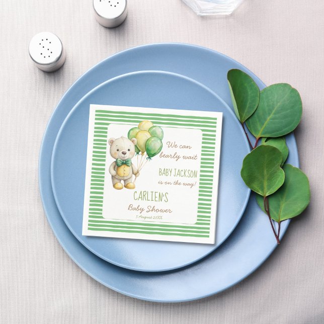 We can bearly wait green teddy bear baby shower napkin (We can bearly wait cute sage green teddy bear baby shower personalized monogram printed napkins)