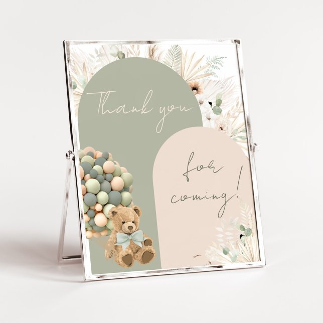 We Can Bearly Wait Green Thank you for Coming Poster (Green Boho Teddy Bear Baby Shower Thank you for Coming Sign)