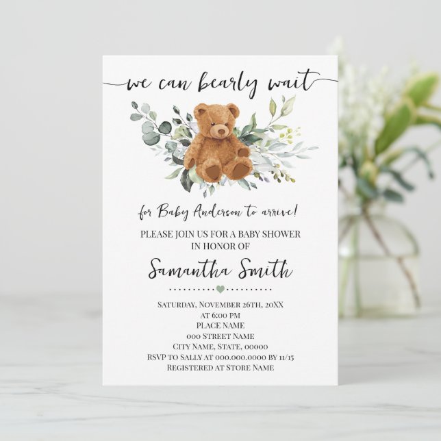 We Can Bearly Wait Greenery Bear Baby Shower Invitation (Standing Front)