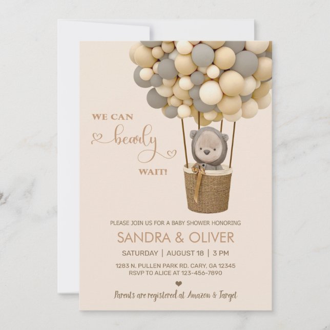 We can bearly wait hot air balloon and bear invite (Front)