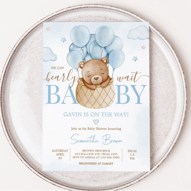 We Can Bearly Wait Hot Air Balloon Baby Shower  Invitation (Blue Teddy Baby Bear Baby Shower Invitation)
