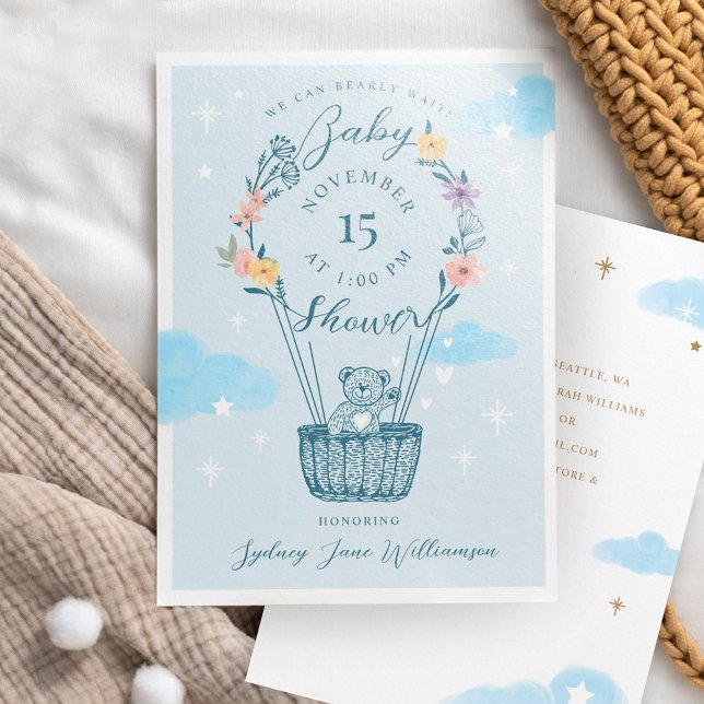 We Can Bearly Wait Hot Air Balloon Teddy Bear Blue Invitation (Creator Uploaded)