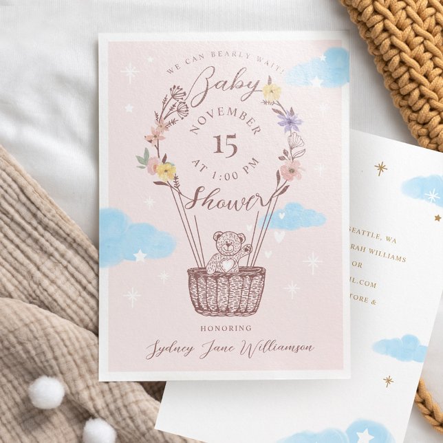 We Can Bearly Wait Hot Air Balloon Teddy Bear Pink Invitation (Creator Uploaded)