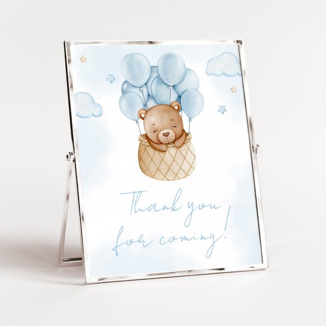 We Can Bearly Wait Hot Air Thank you for Coming Poster (Blue Teddy Baby Bear Baby Shower Thank you for Coming Sign)