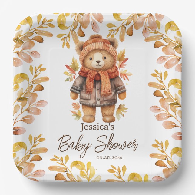 We Can Bearly Wait Leaves Baby Shower  Paper Plate (Front)