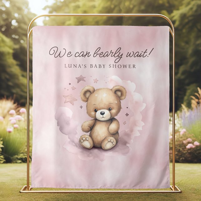 We Can Bearly Wait Light Pink Baby Shower Backdrop Tapestry (Creator Uploaded)