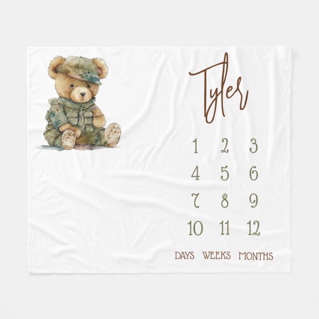 We Can Bearly Wait! Military Teddy Baby Milestone Fleece Blanket (Front (Horizontal))