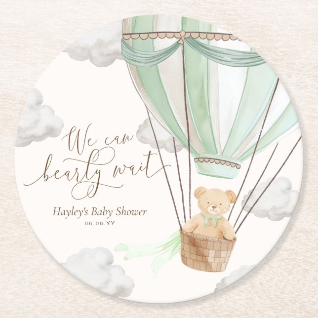 We Can Bearly Wait Mint Green Baby Shower Round Paper Coaster (Front)