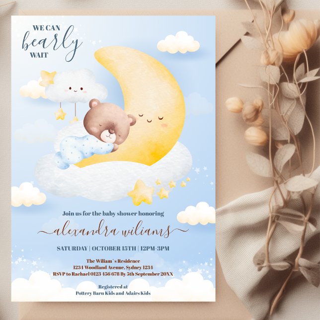 We Can Bearly Wait Modern Bear Baby Boy Shower Invitation (Creator Uploaded)