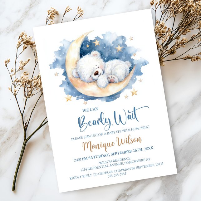 We Can Bearly Wait Moon Teddy Bear Baby Shower Invitation (Creator Uploaded)