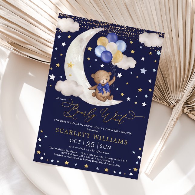We Can Bearly Wait Navy Gold Bear Baby Boy Shower Invitation (Creator Uploaded)