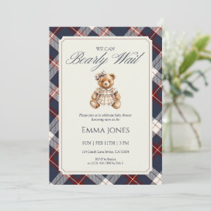 We Can Bearly Wait Navy Plaid Bear Baby Shower Invitation