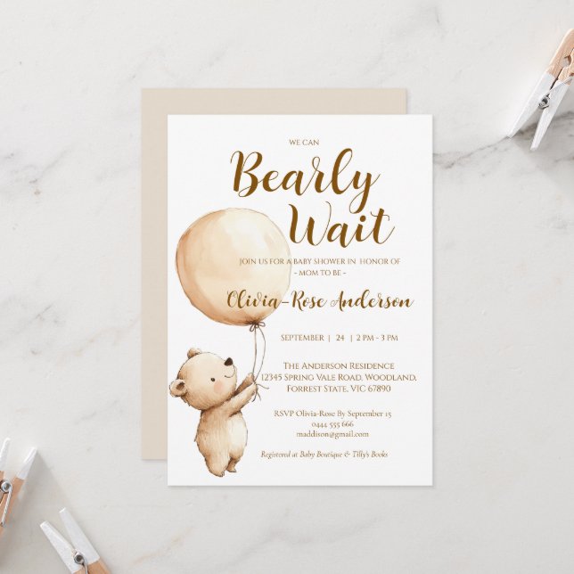 We Can Bearly Wait Neutral Baby Shower Invitation (Front/Back In Situ)