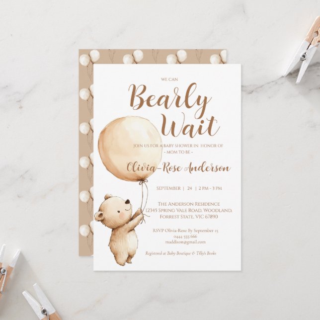 We Can Bearly Wait Neutral Baby Shower Invitation (Front/Back In Situ)