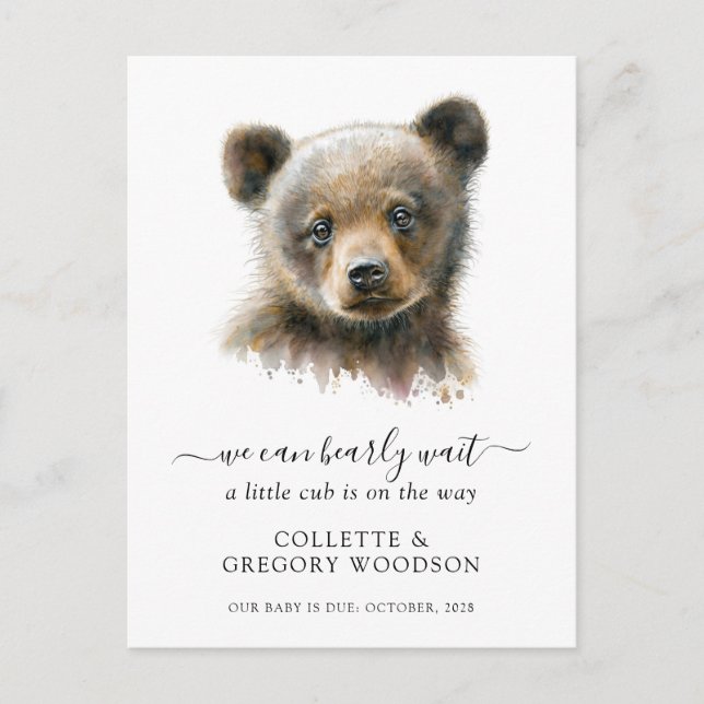 We Can Bearly Wait Painted Baby Bear Announcement Postcard (Front)