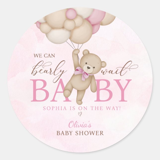 We Can Bearly Wait Pink Baby Shower Classic Round Sticker (Front)
