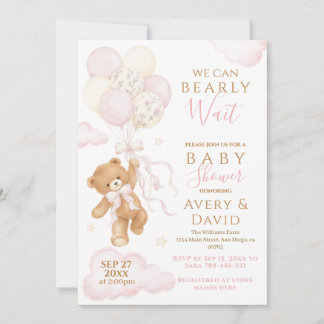 We Can Bearly Wait Pink Baby Shower Girl Invitation