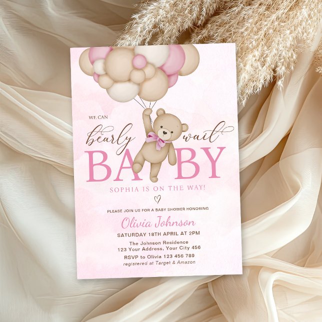 We Can Bearly Wait Pink Baby Shower Invitation (Creator Uploaded)