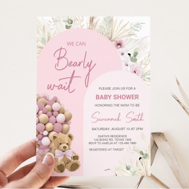 We Can Bearly Wait Pink Baby Shower  Invitation (Pink Boho Bear Baby Shower Invitation)