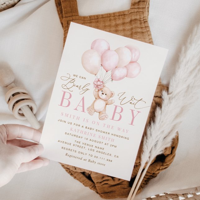 We Can Bearly Wait pink Baby Shower Invitation (Creator Uploaded)