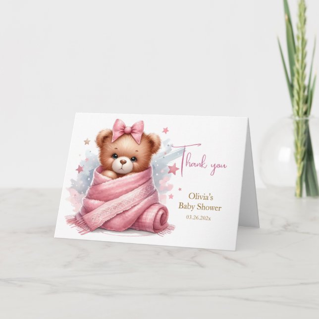We Can Bearly Wait Pink Baby Shower Thank You Card (Front)