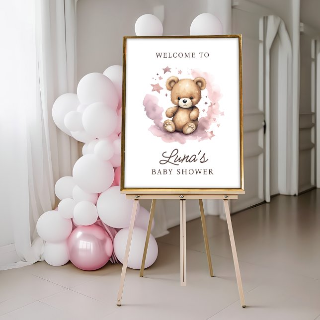 We Can Bearly Wait Pink Baby Shower Welcome Poster (Creator Uploaded)