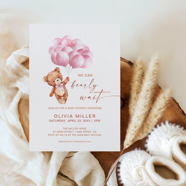 We Can Bearly Wait Pink Balloon Bear Baby Shower Invitation (Creator Uploaded)