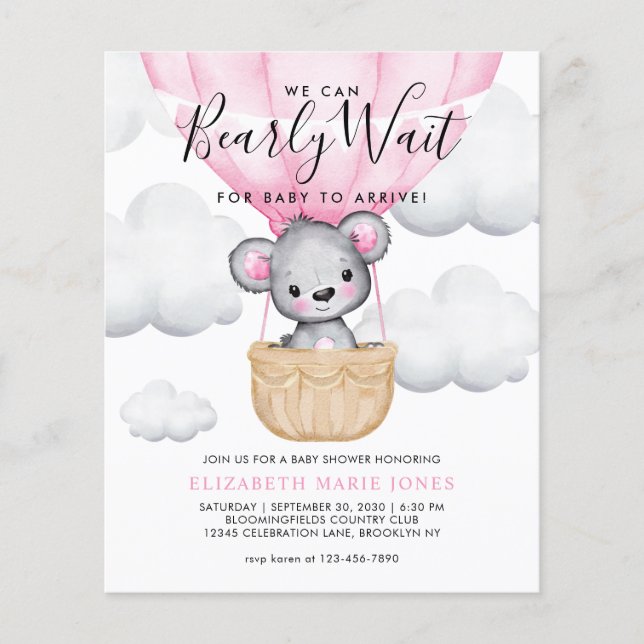 We Can Bearly Wait Pink Balloon Girl Baby Shower (Front)