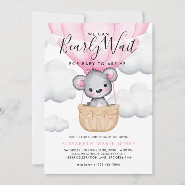 We Can Bearly Wait Pink Balloon Girl Baby Shower Invitation (Front)