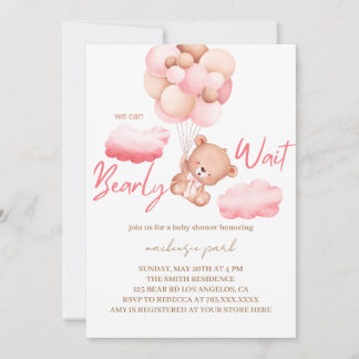 We Can Bearly Wait Pink Bear Baby Shower  Invitation