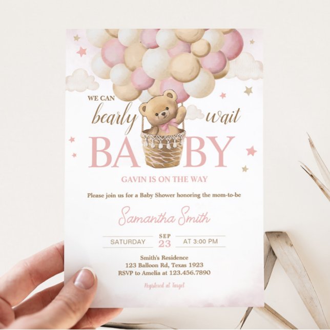 We Can Bearly Wait Pink Bear Baby Shower  Invitation (Girl Teddy Bear Balloon Baby Shower Invitation)