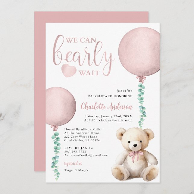 We Can Bearly Wait Pink Bear Baby Shower Invite (Front/Back)