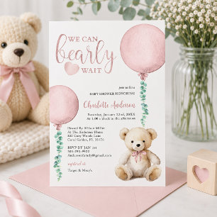 We Can Bearly Wait Pink Bear Baby Shower Invite