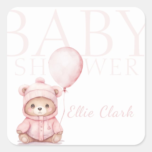 We Can Bearly Wait Pink Bear Baby Shower  Square Sticker (Front)
