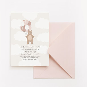We Can Bearly Wait   Pink Bear Balloon Baby Shower Invitation