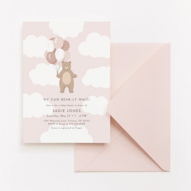 We Can Bearly Wait | Pink Bear Balloon Baby Shower Invitation (Creator Uploaded)
