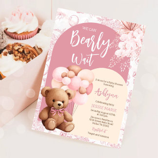 We Can Bearly Wait Pink Bear Balloon Baby Shower Invitation
