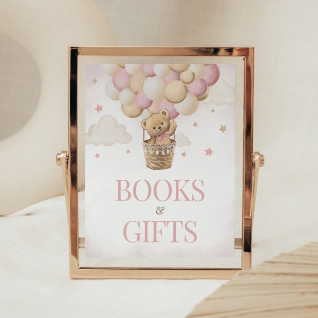 We Can Bearly Wait Pink Bear Books and Gifts Poster (Girl Teddy Bear Balloon Baby Shower Books and Gifts Sign)