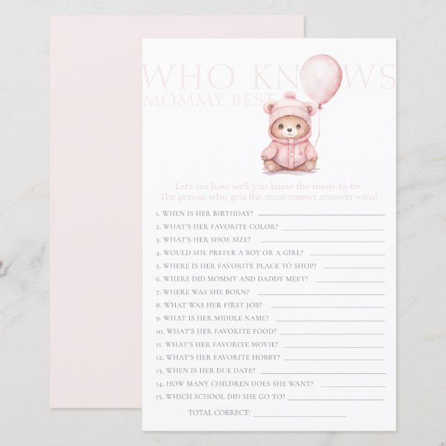 We Can Bearly Wait Pink Bear Girl Baby Shower Game (Front/Back)