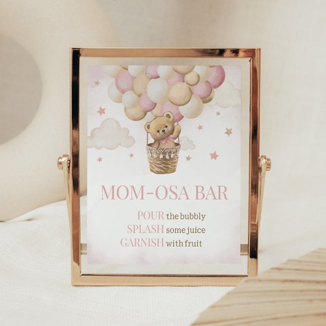We Can Bearly Wait Pink Bear Mum Osa Bar Poster (Girl Teddy Bear Balloon Baby Shower Mom Osa Bar Sign)