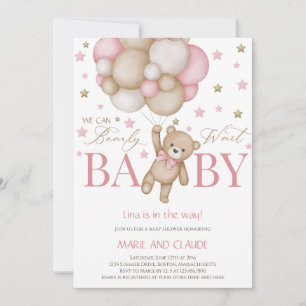 We can Bearly Wait Pink&beige Balloons baby shower Invitation