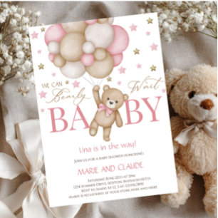 We can Bearly Wait Pink&beige Balloons baby shower Invitation